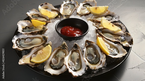A tantalizing depiction of a platter of freshly shucked oysters, served on a bed of ice and accompanied by wedges of lemon and a side of mignonette sauce. photo