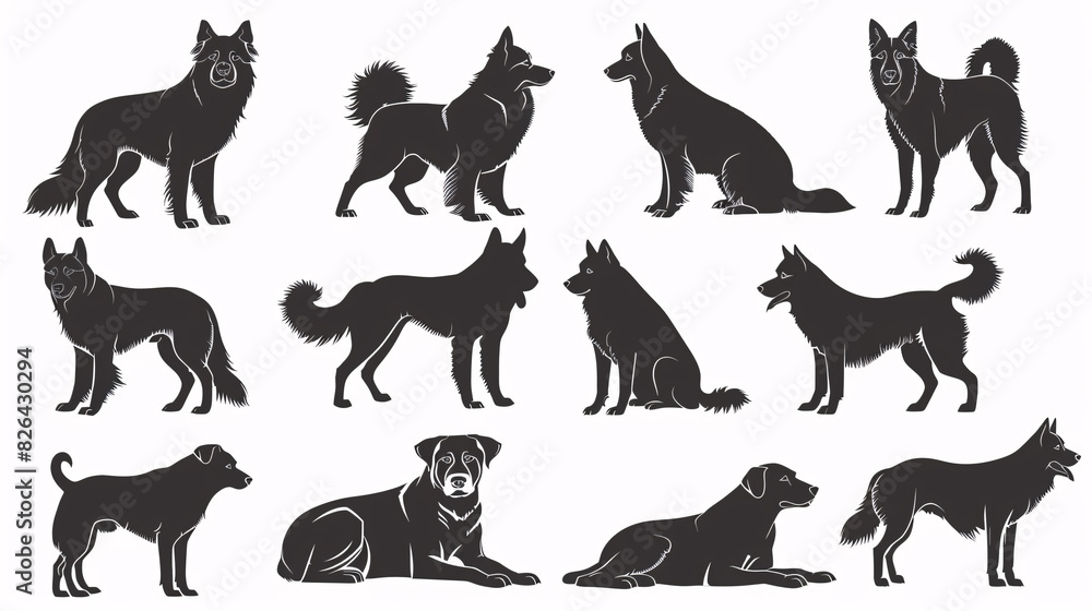 Obraz premium Silhouettes of different dog breeds on a white background