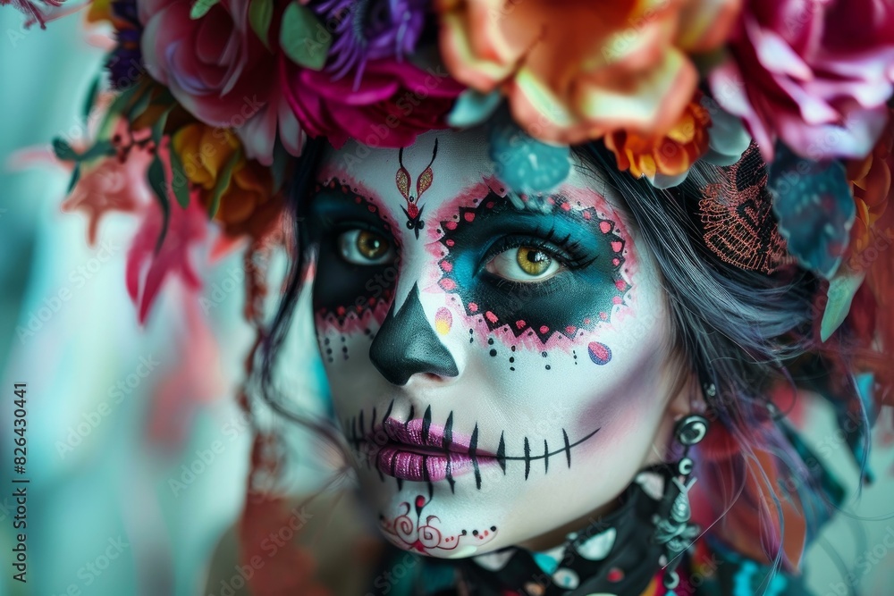 Woman with vibrant sugar skull makeup, representing day of the dead celebration Woman with vibrant sugar skull makeup, representing day of the dead celebration