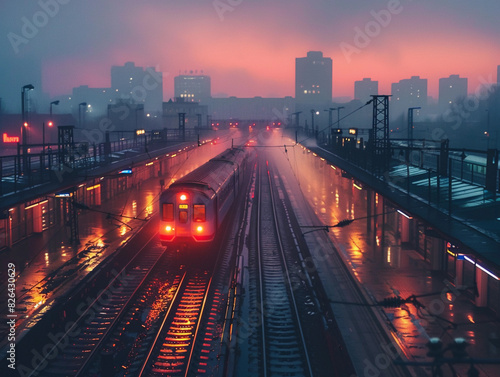 Train leaving a city station at dusk with skyline