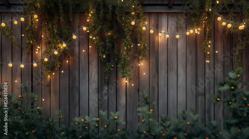 A tranquil evening scene, featuring twinkling lights and lush foliage against a wooden fence, evoking a sense of peace