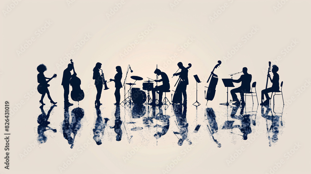 Silhouettes of musicians playing instruments on a white background