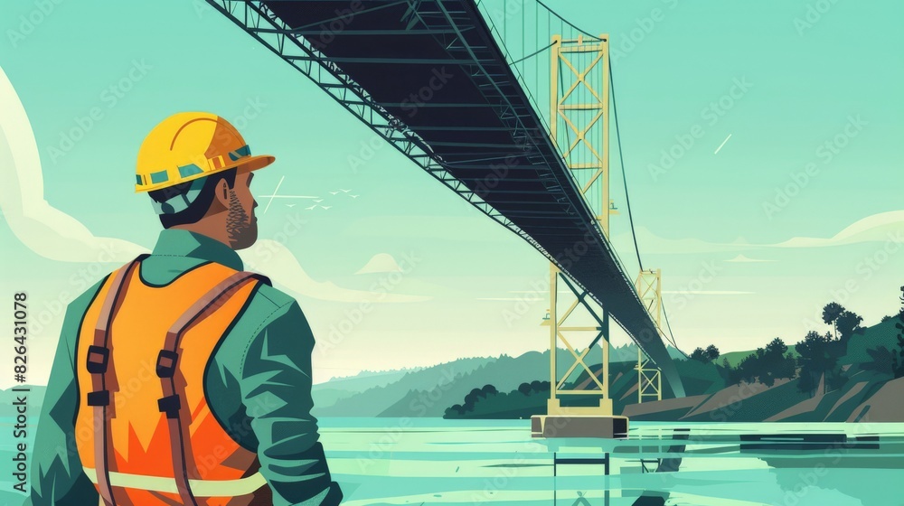 A flat design bridge inspector character in a 2D flat style, wearing a hard hat and safety harness, examining a bridge structure. The background shows the bridge spanning a body of water, with A flat design bridge inspector character in a 2D flat style, wearing a hard hat and safety harness, examining a bridge structure. The background shows the bridge spanning a body of water, with