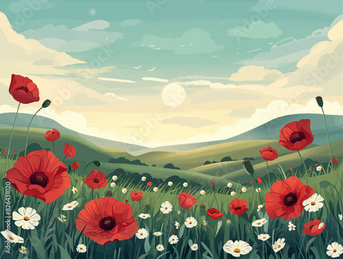 field full of red poppies and daisies under a clear blue sky with fluffy clouds. Generative ai vector illustration. Pop art comic book style imitation. 