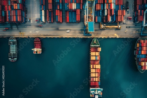 Sleek Aerial Perspective of an Industrial Port with Cargo Ships and Unique Architectural Details