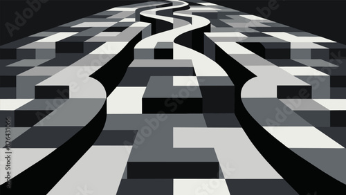 A patchwork of light and dark shades of charcoal forms a mazelike pathway inviting viewers to contemplate the twists and turns of their own personal. Vector illustration