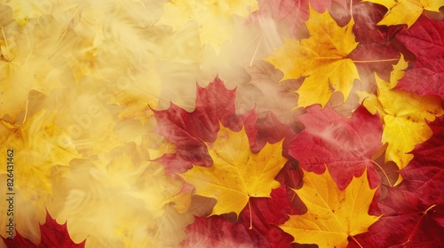 Abstract autumn leaves in mustard yellow and rustic red on a foggy morning backdrop.