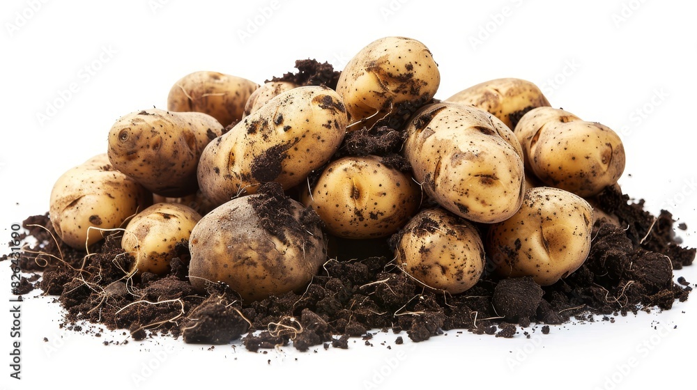 Freshly harvested potatoes with soil, natural and rustic appearance, perfect for farm-to-table and organic farming themes, isolated white background. Freshly harvested potatoes with soil, natural and rustic appearance, perfect for farm-to-table and organic farming themes, isolated white background.