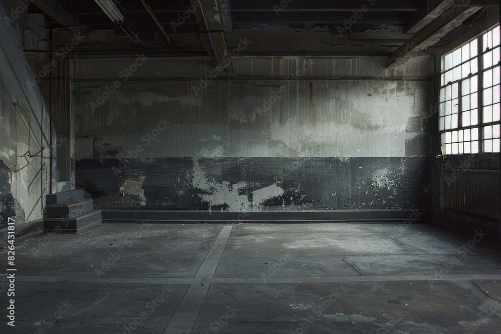 Moody empty warehouse interior with weathered walls and natural light Moody empty warehouse interior with weathered walls and natural light