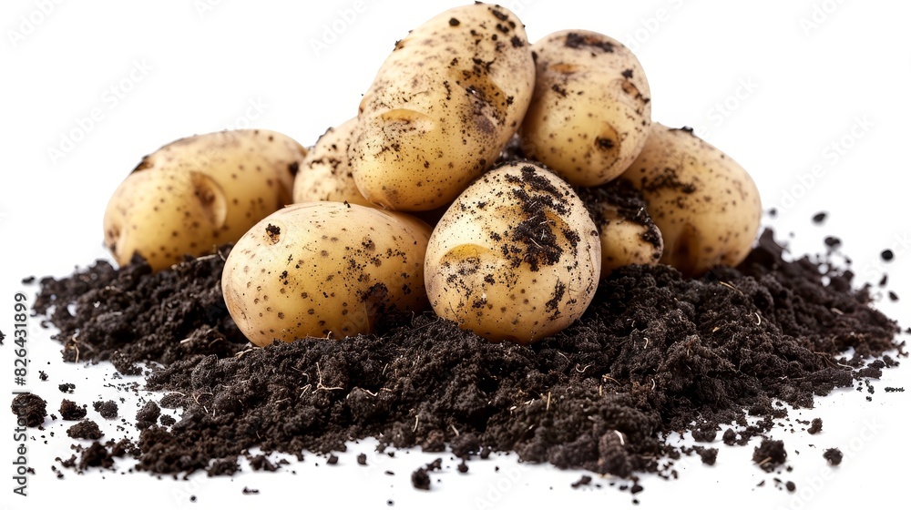 Freshly harvested potatoes with soil, natural and rustic appearance, perfect for farm-to-table and organic farming themes, isolated white background. Freshly harvested potatoes with soil, natural and rustic appearance, perfect for farm-to-table and organic farming themes, isolated white background.