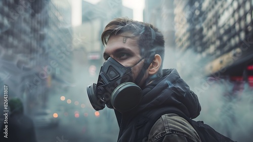 Tech-savvy individual wearing a high-tech mask in a heavily polluted urban environment photo