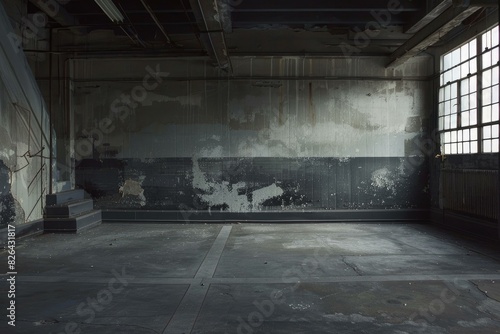 Moody empty warehouse interior with weathered walls and natural light