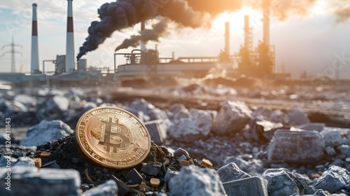 Bitcoin mining facility surrounded by pollution and industrial waste photo