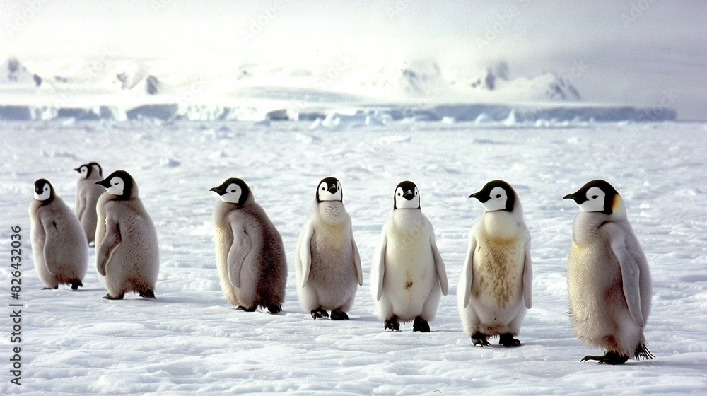 Obraz premium A group of penguins huddled together on a snow-covered field, surrounded by majestic mountains