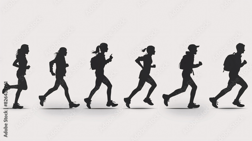 Silhouettes of people running on a white background