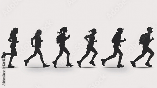 Silhouettes of people running on a white background