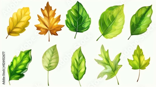 A set of ten watercolor leaves. The leaves are in various autumn colors  such as red  orange  yellow  and green.