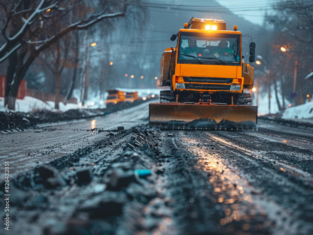 Snowy Road Construction with Heavy Machinery Snowy Road Construction with Heavy Machinery