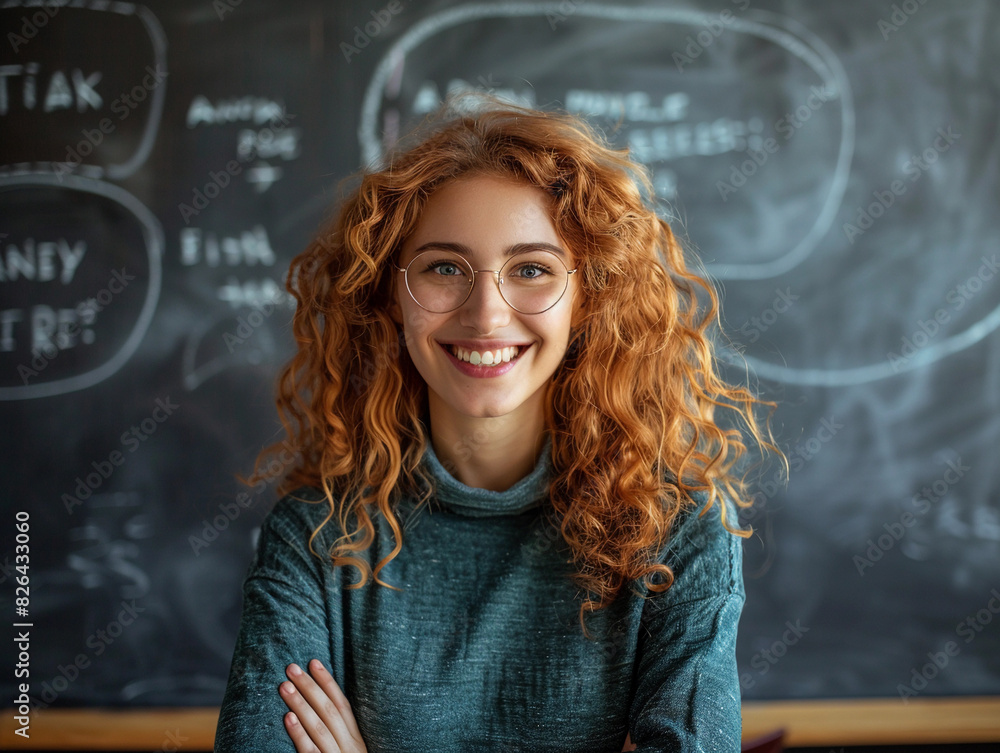 Smiling Teacher in Classroom with Blackboard Smiling Teacher in Classroom with Blackboard