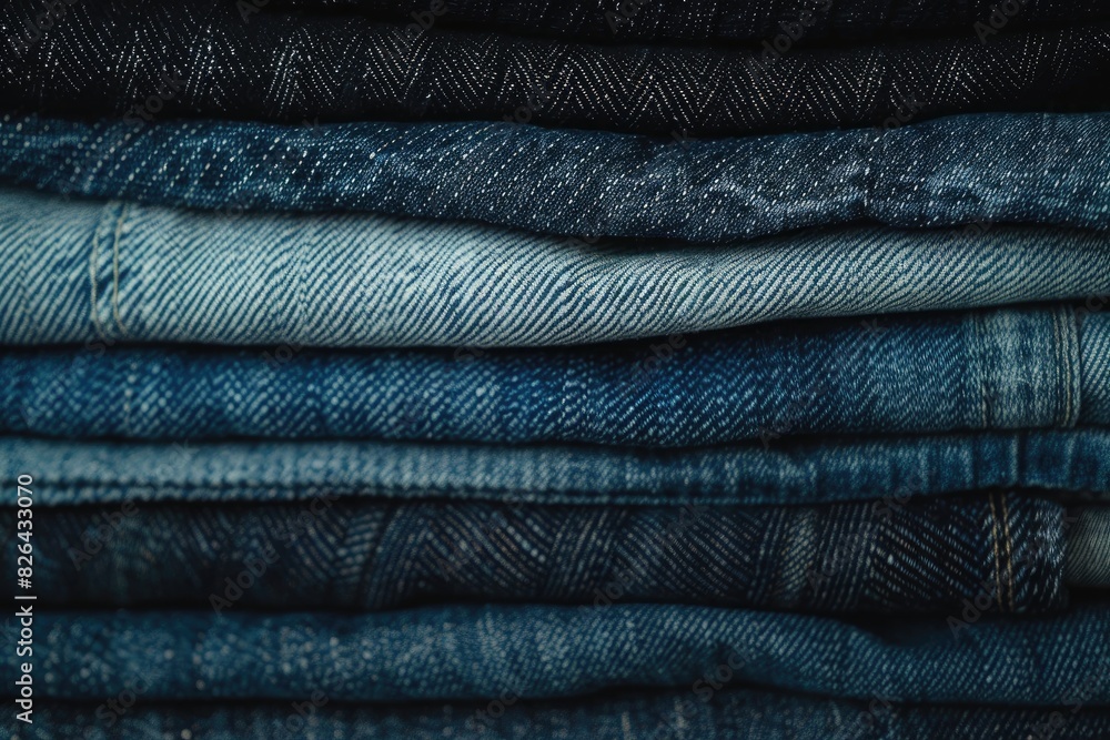 a stack of neatly folded jeans in various shades, creating a gradient effect. a stack of neatly folded jeans in various shades, creating a gradient effect.