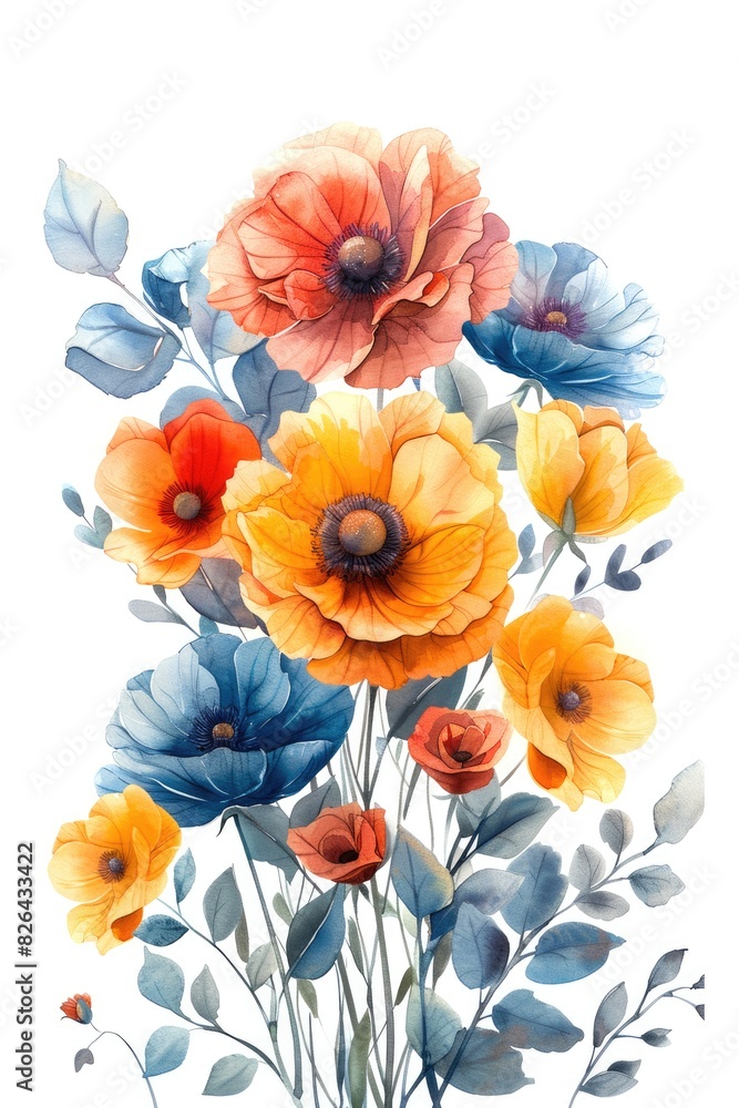 A delicate watercolor painting depicts a bouquet of assorted flowers A delicate watercolor painting depicts a bouquet of assorted flowers