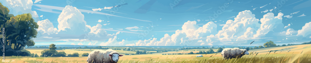 Fototapeta premium Sheep peacefully grazing in a sunny meadow under a bright blue sky with fluffy clouds, showcasing a tranquil countryside scene. Generative ai vector illustration. Pop art comic book style imitation