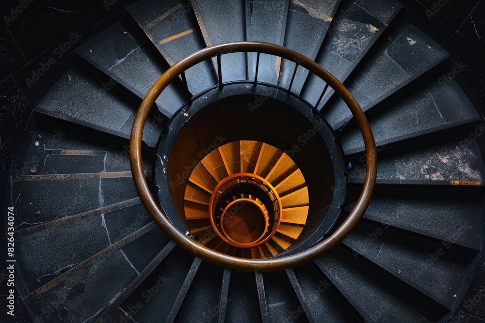 Fototapeta premium A spiral staircase disappearing into darkness, its steps seemingly endless yet inviting exploration.