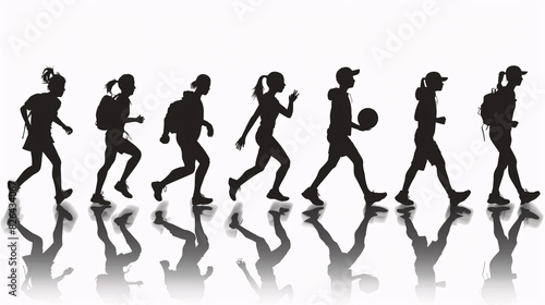Silhouettes of people running on a white background