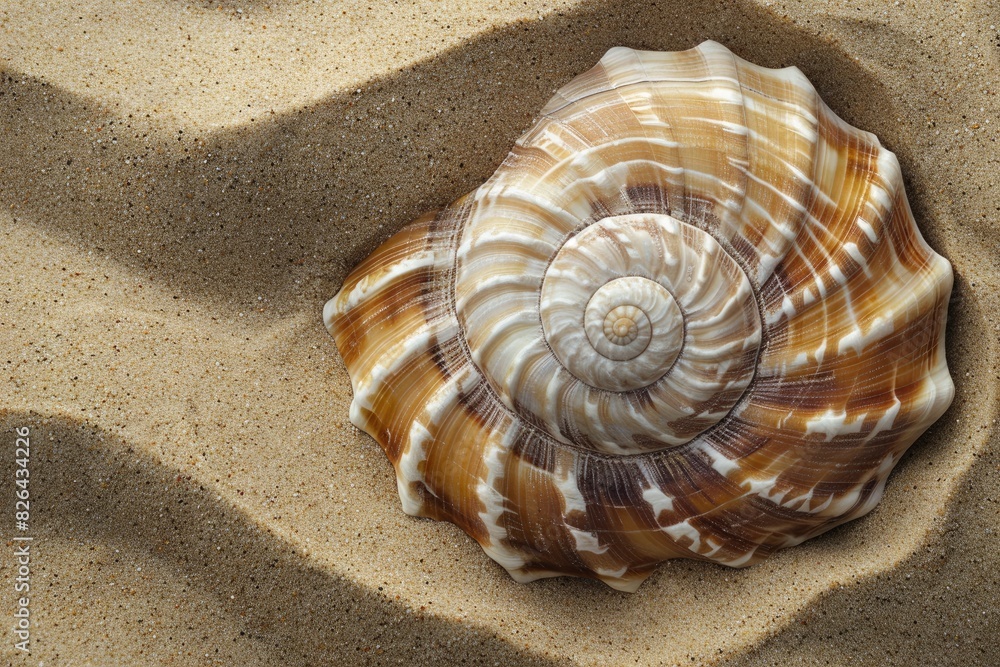 A spiral seashell resting on a bed of smooth sand, its intricate patterns a testament to the beauty of natural symmetry. A spiral seashell resting on a bed of smooth sand, its intricate patterns a testament to the beauty of natural symmetry.