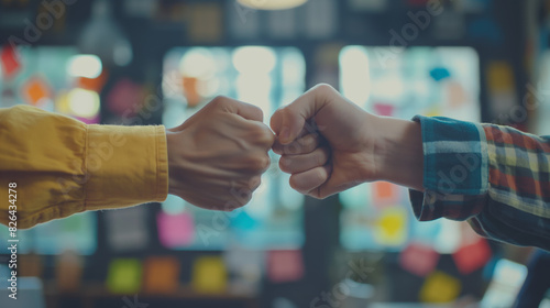 Two people doing a fist bump in a casual setting with a blurred background Represents friendship or agreement photo