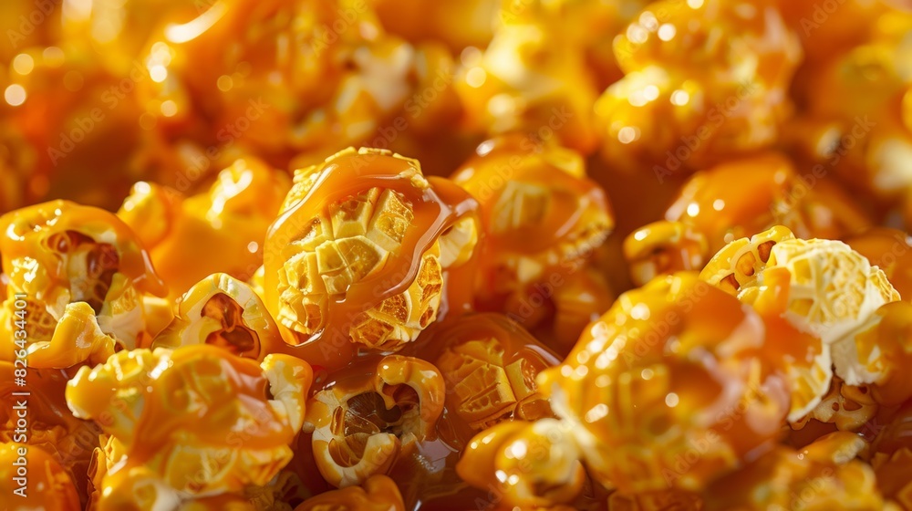 Close-up image showcasing the texture and glaze of delicious caramel-covered popcorn Close-up image showcasing the texture and glaze of delicious caramel-covered popcorn