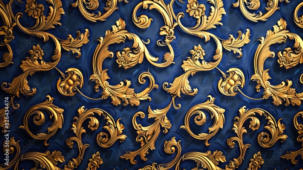 Gold and royal blue baroque scrolls on an elaborately patterned wallpaper.