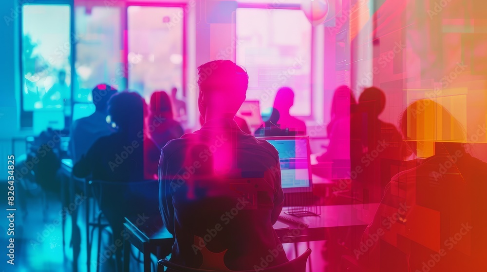 Virtual classroom with teacher and students, closeup, emphasizing modern education tools, digital tone, Splitcomplementary color scheme Virtual classroom with teacher and students, closeup, emphasizing modern education tools, digital tone, Splitcomplementary color scheme