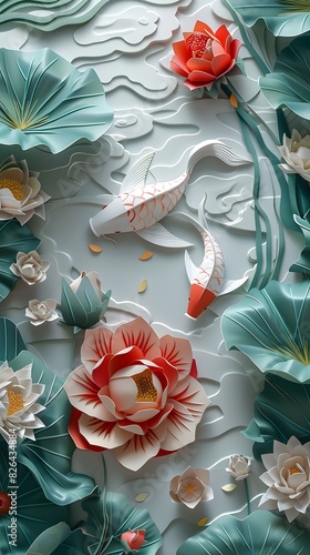 3D Paper Art of Koi Fish and Lotus Flowers
