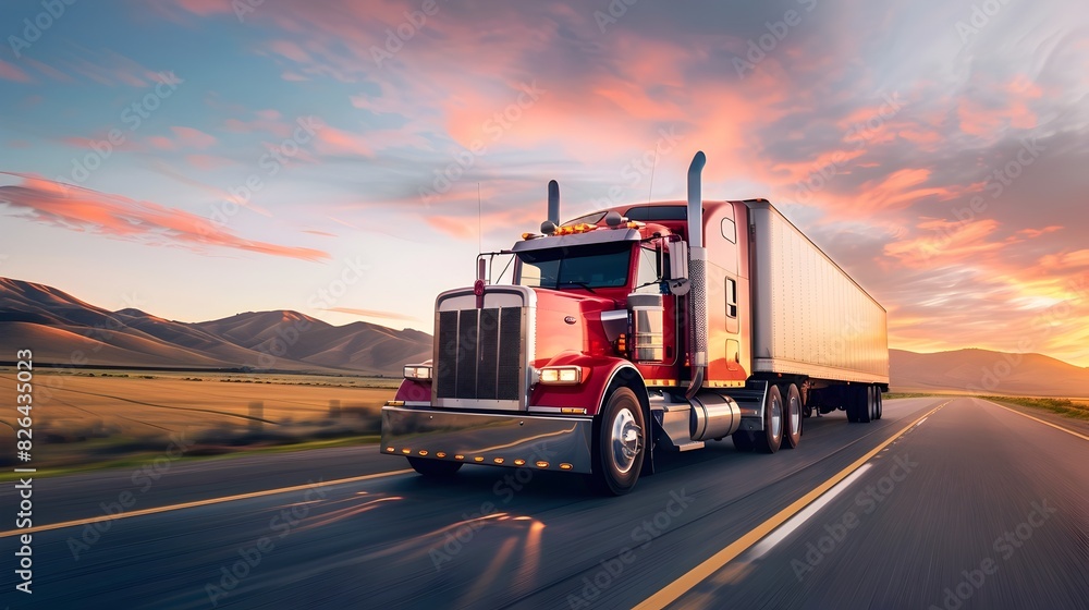 Classic semi truck cruising down deserted highway at sunset transporting cargo through rural landscape Classic semi truck cruising down deserted highway at sunset transporting cargo through rural landscape