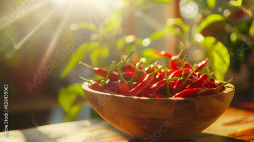 Fresh red chili peppers in sunlit wooden bowl
