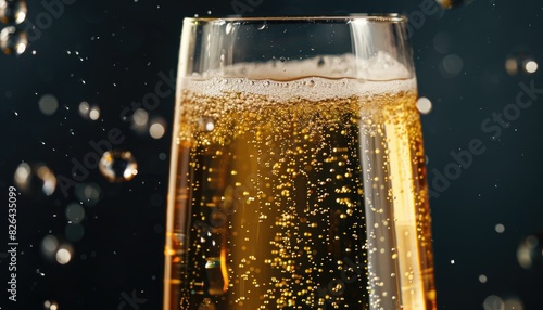 A sleek glass of sparkling pear cider, effervescence rising in a sparkling cascade of bubbles. photo
