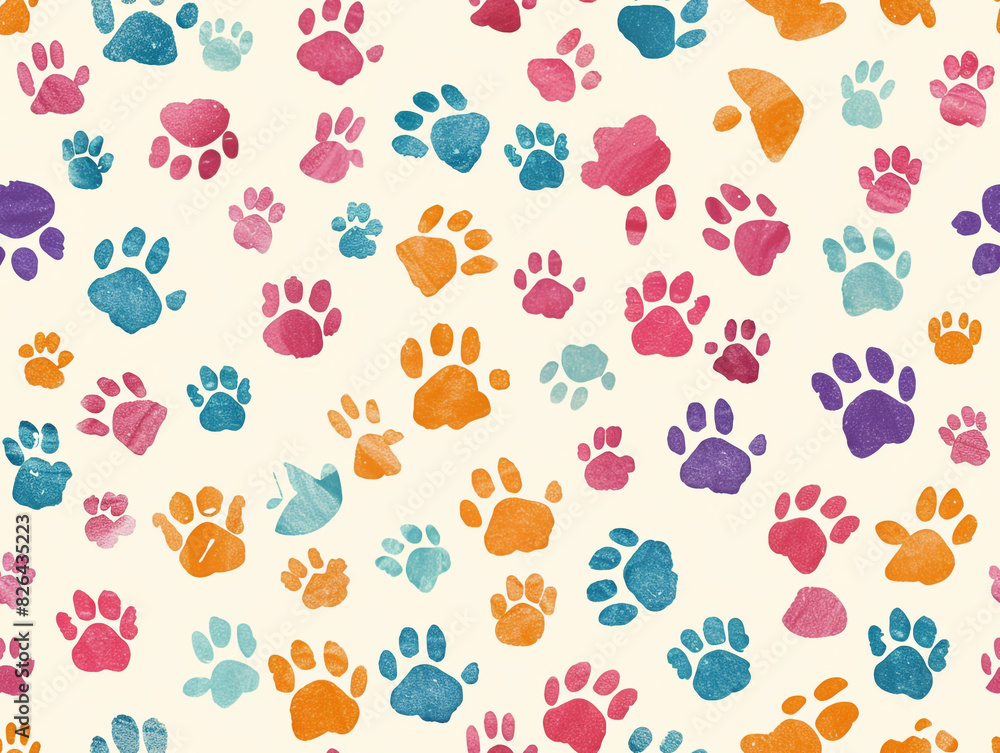 A colorful pattern of paw prints background. The paw prints are of different colors and sizes, creating a lively and playful atmosphere. A colorful pattern of paw prints background. The paw prints are of different colors and sizes, creating a lively and playful atmosphere.