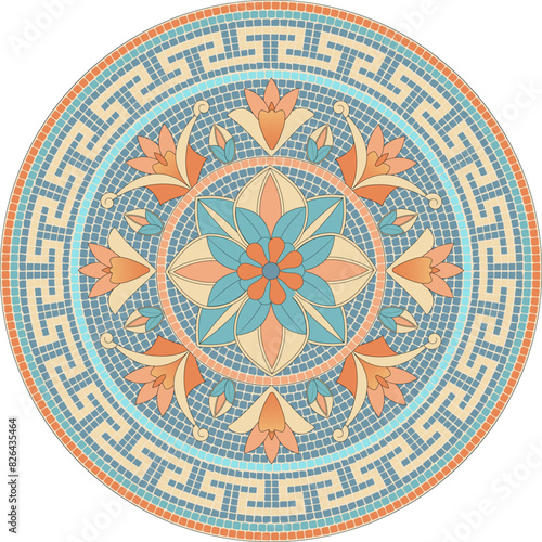 Classic mosaic circular ornament with lilies in pink and blue colors. For ceramics, tiles, ornaments, backgrounds and other projects.
