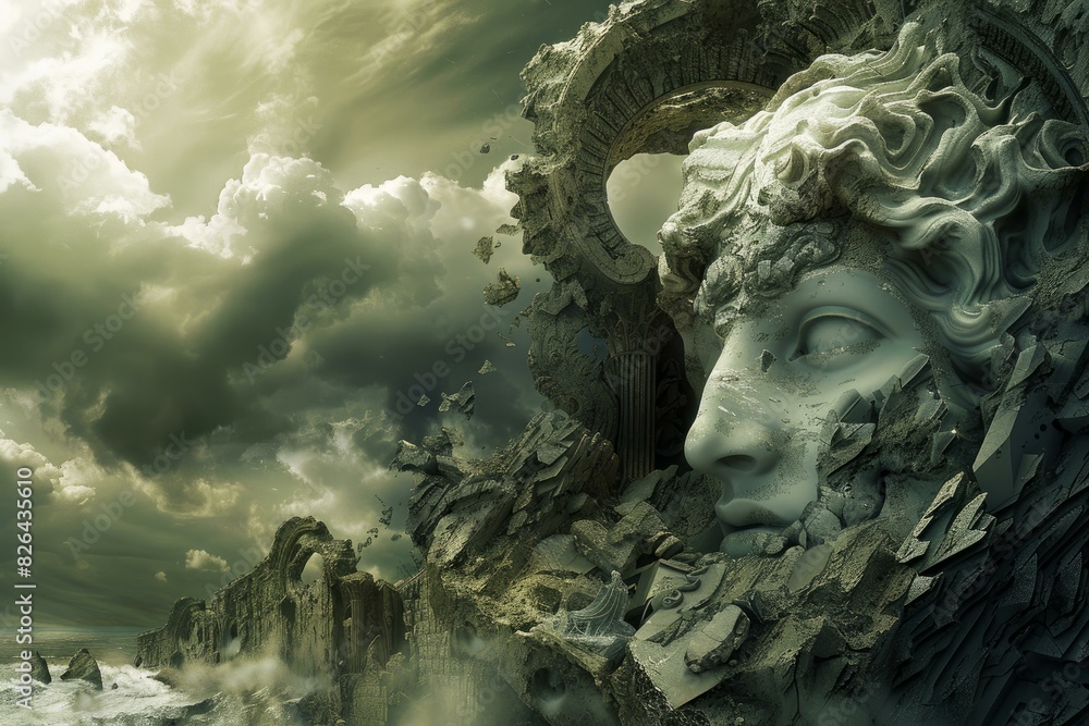 Artistic depiction of a crumbling ancient stone face with ruins and dramatic clouds Artistic depiction of a crumbling ancient stone face with ruins and dramatic clouds