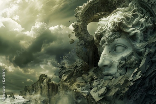 Artistic depiction of a crumbling ancient stone face with ruins and dramatic clouds