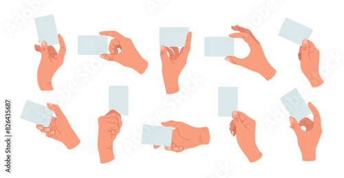Set with hands holding a blank card. Cartoon flat vector illustration isolated on white