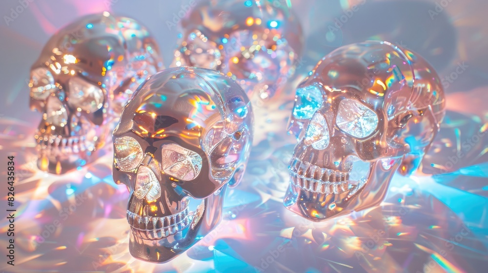 Fototapeta premium A set of glistening crystal skull decorations, catching and refracting light in an eerie dance.