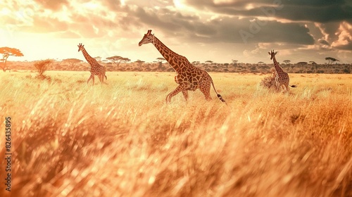   A group of giraffes strolls through a parched grass field beneath cloud-filled skies photo