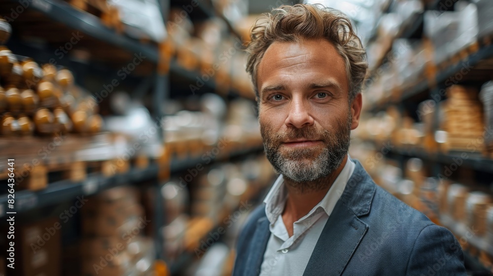 Happy male factory manager using digital tablet in warehouse while standing against goods shelf looking at camera Happy male factory manager using digital tablet in warehouse while standing against goods shelf looking at camera