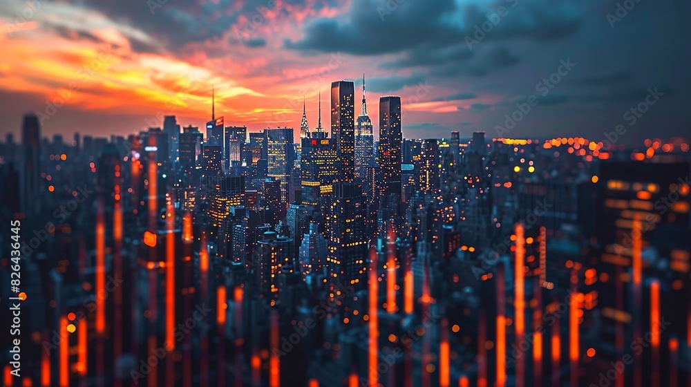 Fototapeta premium The silhouette of a city skyline against a backdrop of fluctuating stock graphs, depicting the dynamic nature of the financial market.