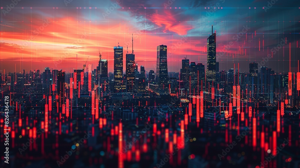 Fototapeta premium The silhouette of a city skyline against a backdrop of fluctuating stock graphs, depicting the dynamic nature of the financial market.
