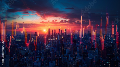 The silhouette of a city skyline against a backdrop of fluctuating stock graphs, depicting the dynamic nature of the financial market. photo