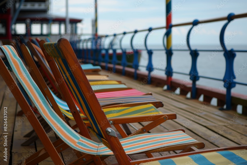Row of colorful striped deck chairs lined up on a seaside pier, inviting relaxation