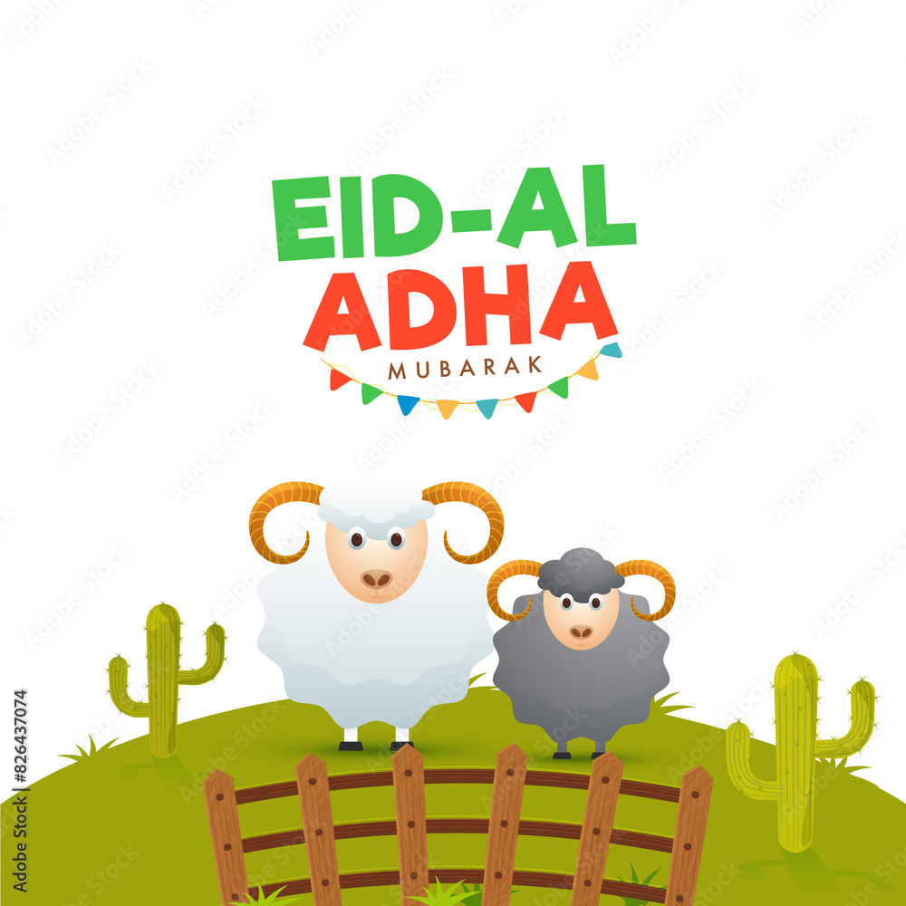 Sheeps on green field and colorful bunting flags on nature background. Eid-Al-Adha Mubarak. Sheeps on green field and colorful bunting flags on nature background. Eid-Al-Adha Mubarak.